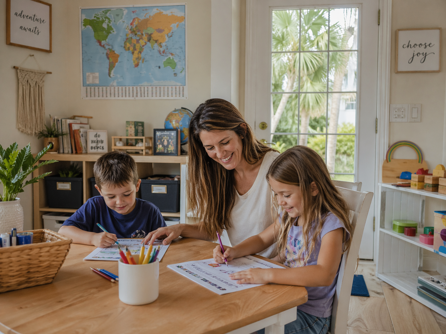A mom doing crafts with her two kids at a homeschool table