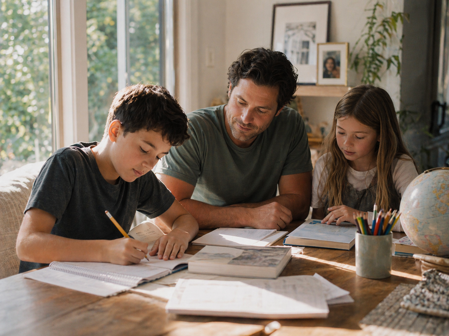 A dad helping two kids study at the kitchen table