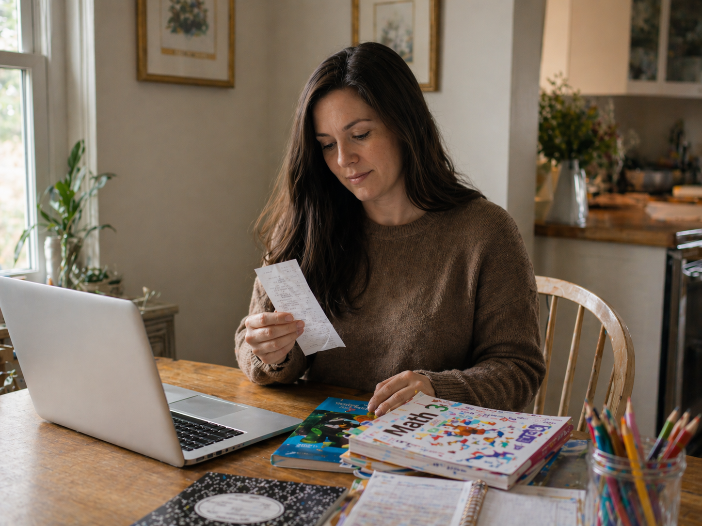 A mom reviewing a receipt at her kitchen table with homeschool workbooks and a laptop
